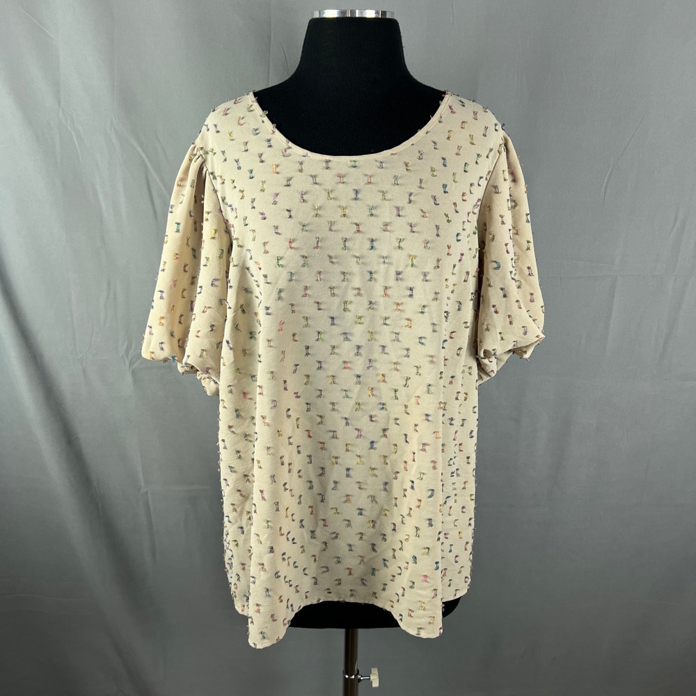 Cato Est.1946 Blouse Top Womens 14/16W Beige Puff Sleeve Scoop Neck Minimalist